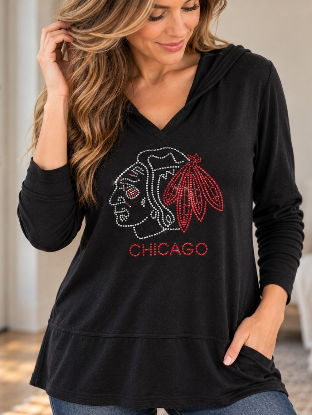 Chicago Blackhawks Rhinestone Hooded Tunic - Black